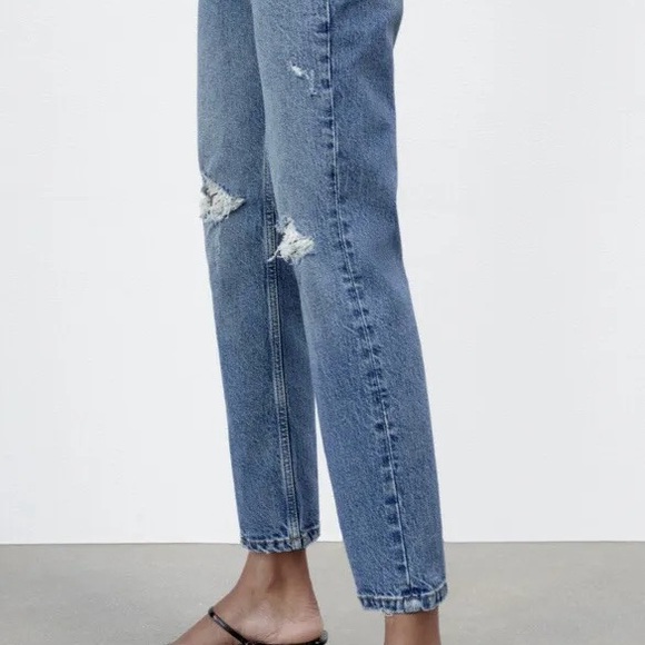 Zara Slim Fit High Waist Rise Ripped Distressed Jeans Light Blue - Picture 4 of 10